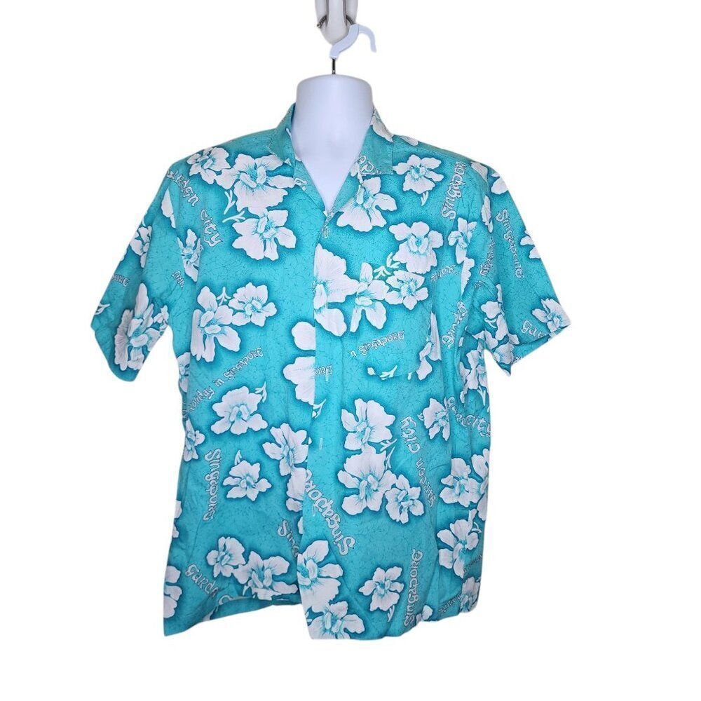 Vintage 80s Singapore Hawaiian Shirt Mens Size XL Blue Aloha